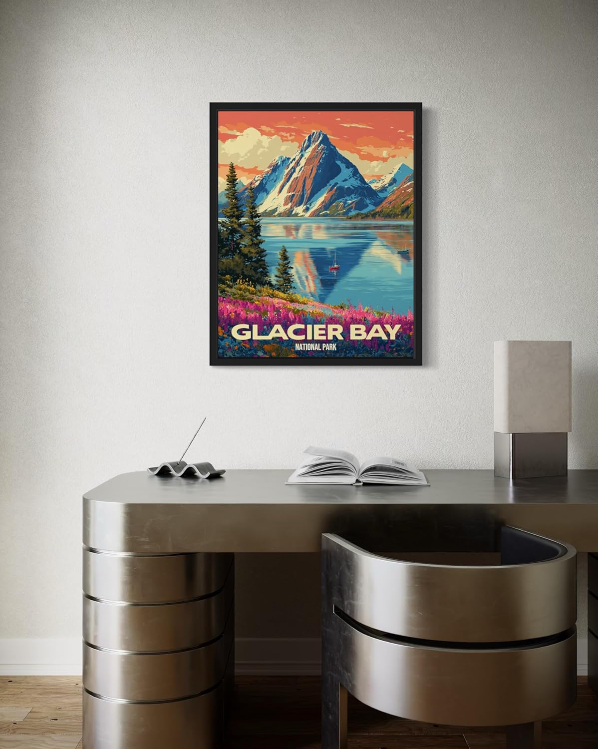 Glacier Bay National Park Art Print Poster, Vintage Retro Pop Art Travel Wall Art Bedroom Bathroom Living Room Decor 185 (Glacier Bay, 16 x 20 inches, Black Frame)