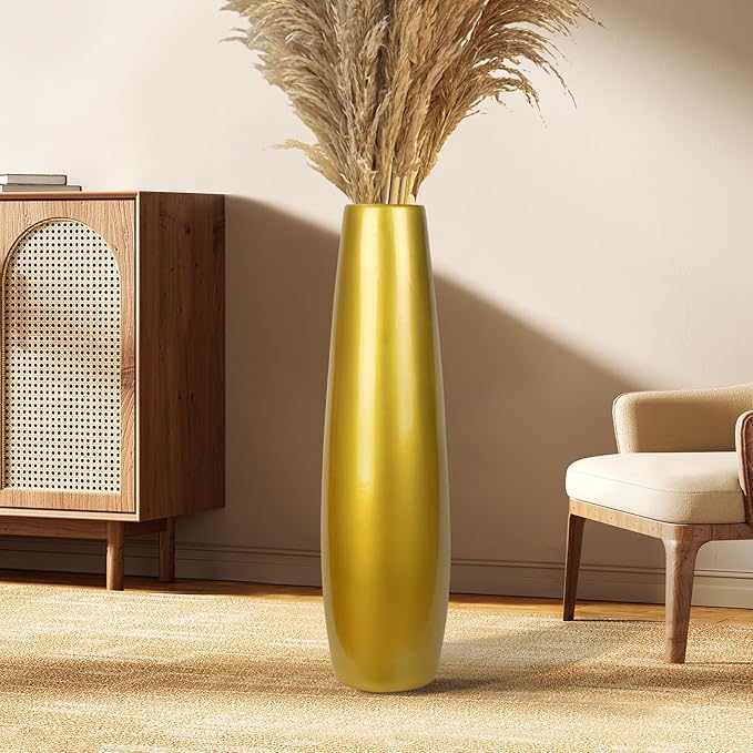 Gold Ceramic Tall Floor Vase,28 Inch Large Modern Flower Vases for Home Décor,Wicker Big Floor Vase Decorations for Farmhouse, Living Room,Bedroom,Standing Plastic Vase Decorative Tall