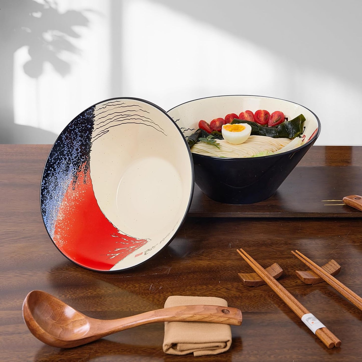 Japanese Ramen Bowl Set with Red Fuji Design - 60oz Large Ceramic Bowls, Spoons, Chopsticks for Ramen, Pho, Salad, Poke - Premium Gift for Ramen Lovers - Microwave & Dishwasher Safe