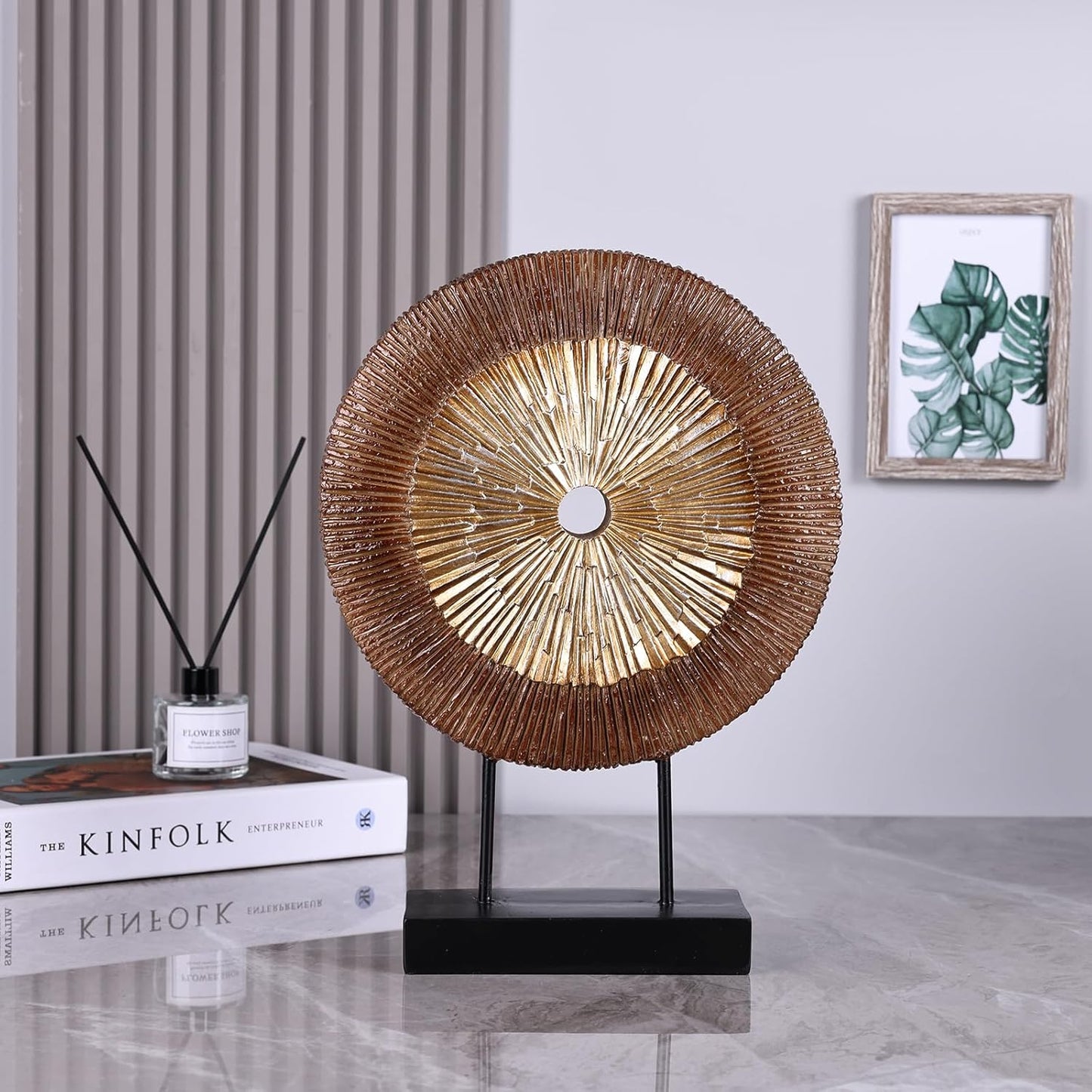 DOVDOV Wood Color Round Irregular line Statue, Unique Home Sculpture for Cabinet Above Coffee Table, entryway Table top TV Cabinet Dining Table Center Home Decor. (Yellow-Brown)