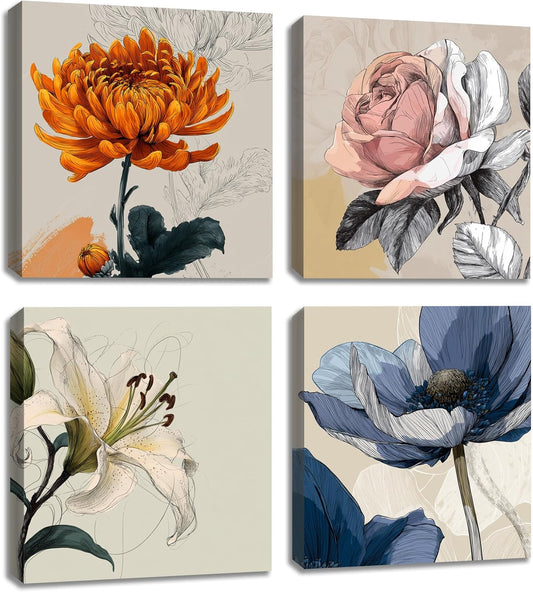 Framed Botanical Wall Art for Living Room Rustic Boho Floral Canvas Paintings Prints Flower Pictures for Farmhouse Hallway Bedroom Dining Room Bathroom Office Wall Decor ArtWork for Wall