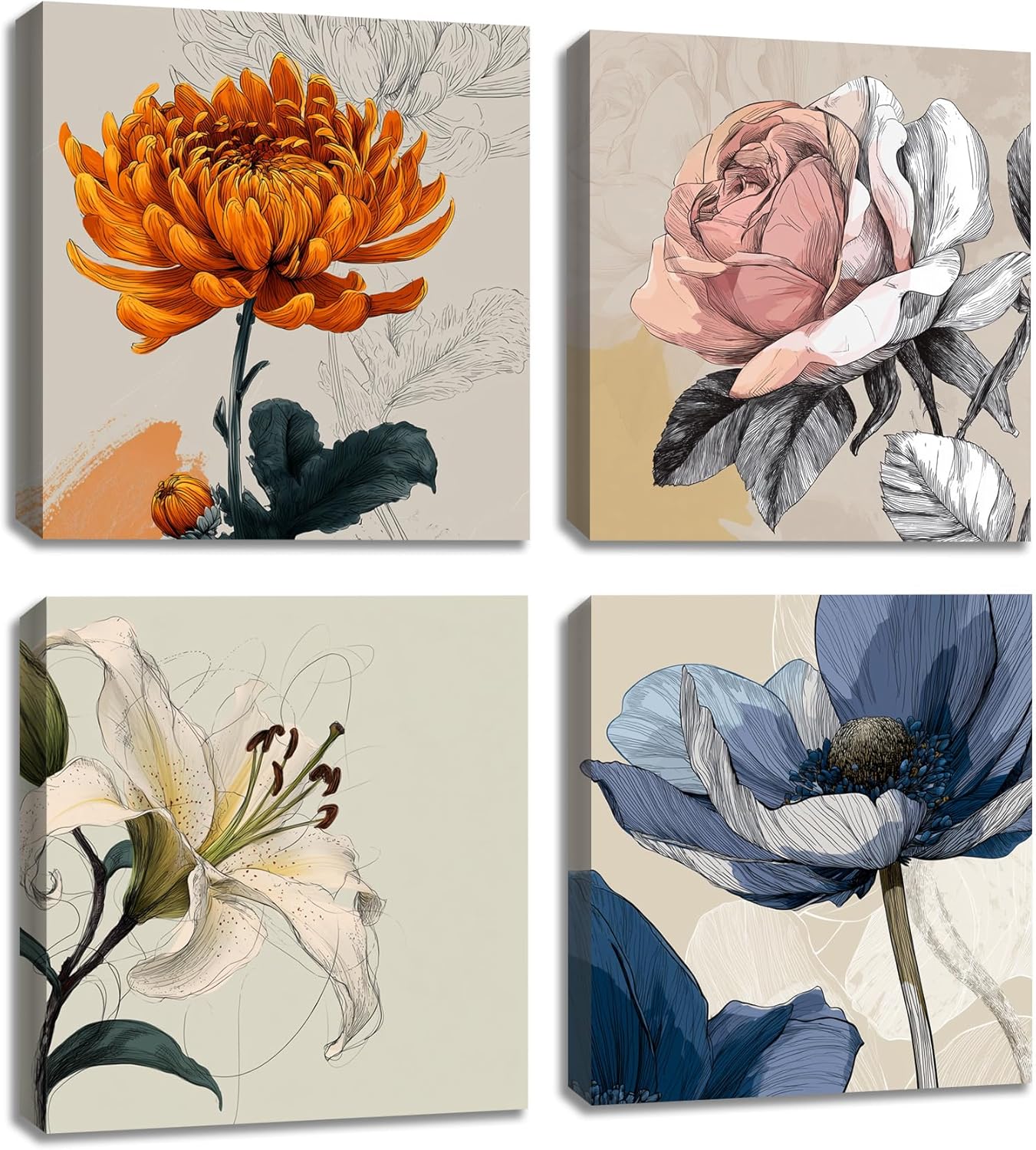 Framed Botanical Wall Art for Living Room Rustic Boho Floral Canvas Paintings Prints Flower Pictures for Farmhouse Hallway Bedroom Dining Room Bathroom Office Wall Decor ArtWork for Wall