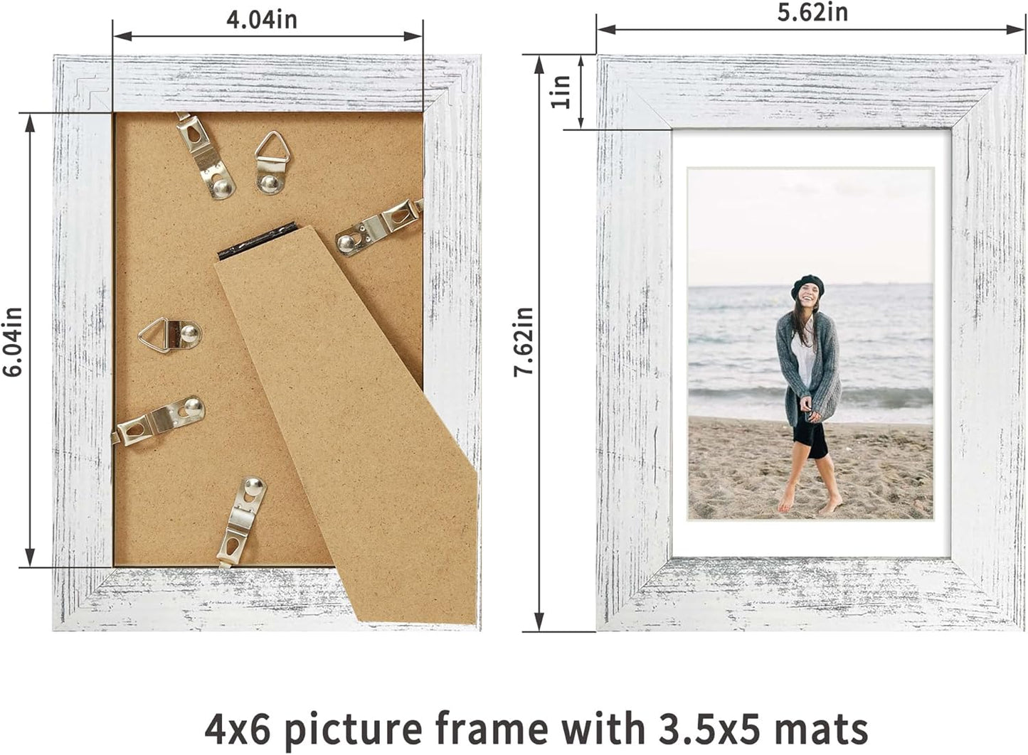 iRahmen 4x6 Picture Frame Set of 2, Distressed White Wood Photo Frame with HD Glass - Display Pictures 3.5x5 with Mat or 4 x 6 without Mat for Horizontal or Vertical Tabletop and Wall Mounting