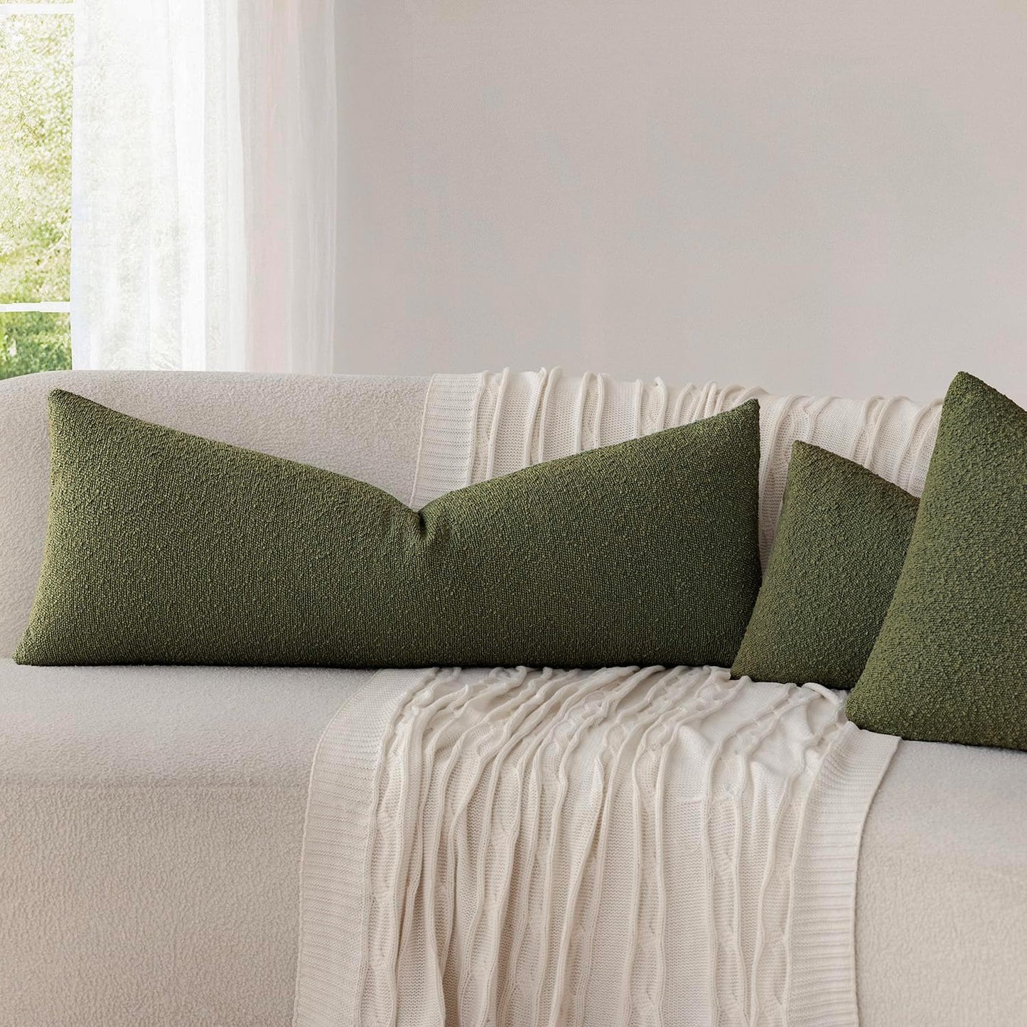 Foindtower Decorative Textured Boucle Throw Pillow Covers Accent Solid Pillow Cases Neutral Long Body Lumbar Couch Cushion Case for Chair Sofa Bedroom Living Room Home Decor 14x36 Inch,1PC,Moss Green
