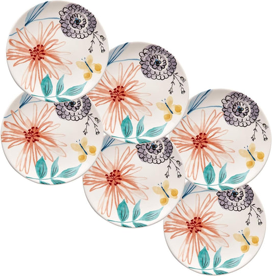 Bico Blossom Symphony Appetizer Plates Set of 6, 6 Inch Small Ceramic Dessert Plates for Snacks, Salad, Tablescape, Microwave and Dishwasher Safe, Gift for Housewarming and Thanksgiving