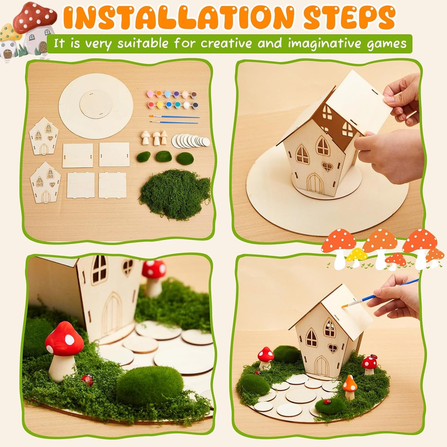 Kathfly 2 Sets Wooden Fairy House Craft Kit, Fairy Garden Kit with Paints & Decorations, Unpainted Miniature Accessories for Home Event Party Decor, Arts Crafts Birthday Gift