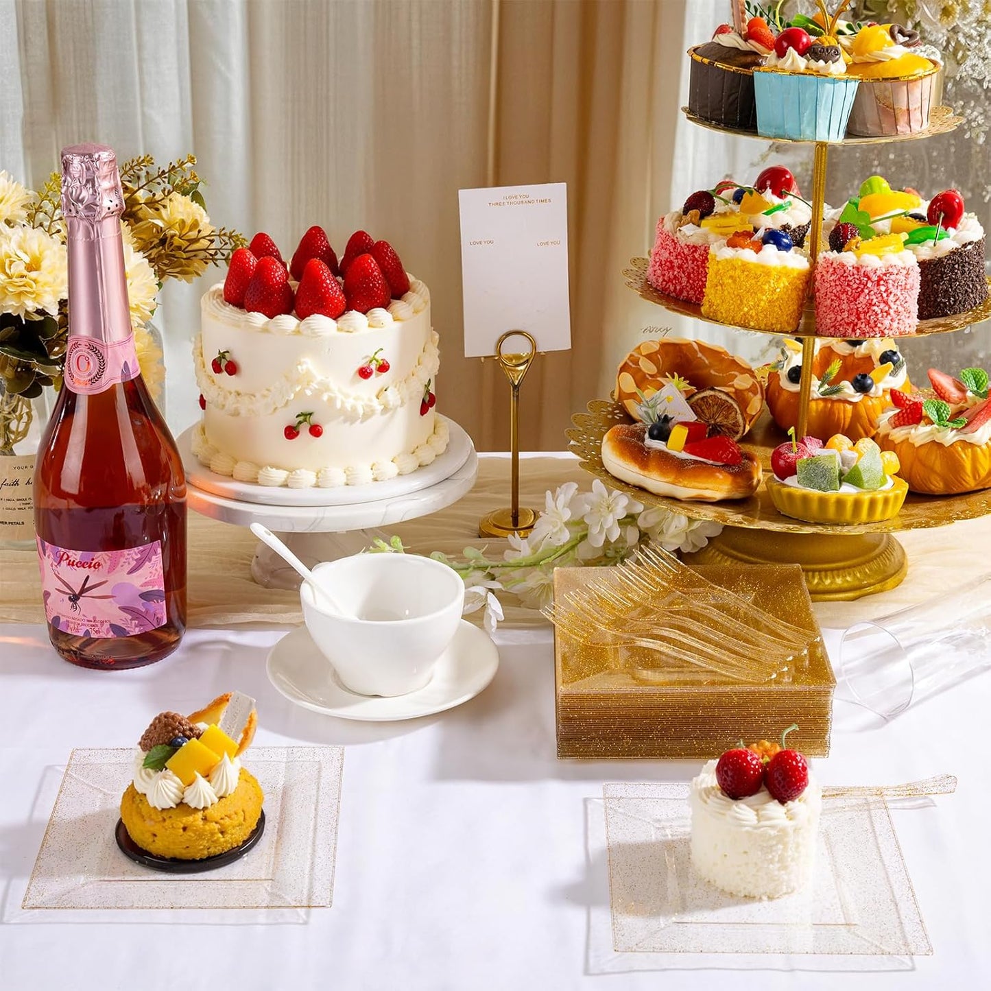 DaYammi 200Pcs Gold Dessert Plates Including 100Pcs Appetizer Plates 6",100Pcs Plastic Forks 5.7",Gold Glitter Plastic Square Plate for Party,Gold Salad Plate and Cake Forks for Wedding Birthday