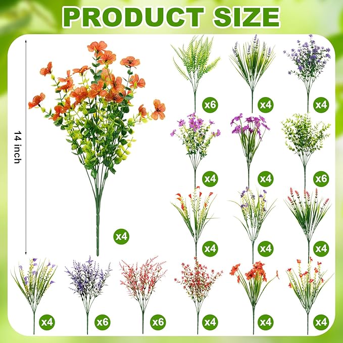 Zeyune 64 Bundles Faux Flowers Outdoors UV Resistant Artificial Plastic Flowers Plants Fake Realistic Eucalyptus Violet Lavender Plant Wildflower Bulk for Outside Yard Home Patio Garden Decor(Vivid)