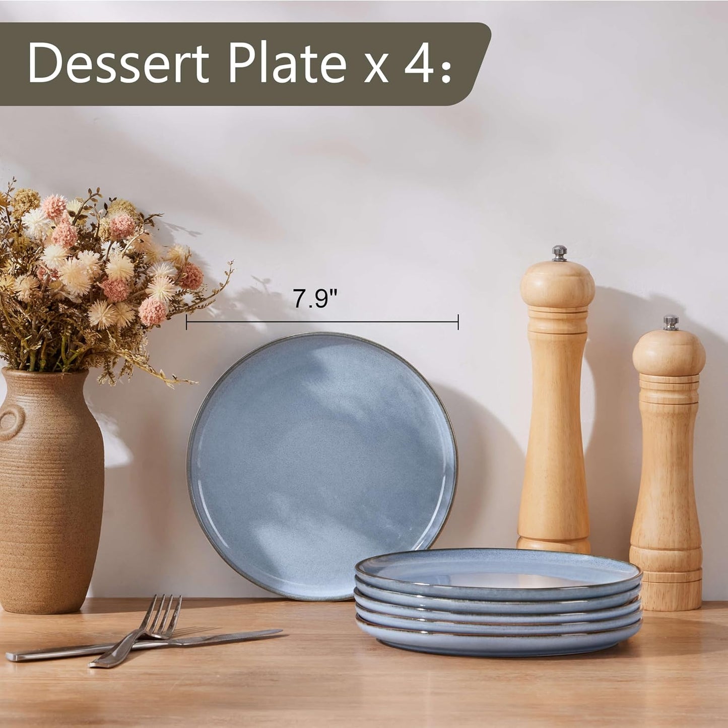 Herogo 4-Piece Stoneware Dinner Plates Set, 7.9" Ceramic Round Dessert Plate Set, Small Handmade Double Reactive Glaze Dinnerware Plates for Kitchen, Microwave, Oven and Dishwasher Safe, Haze Blue
