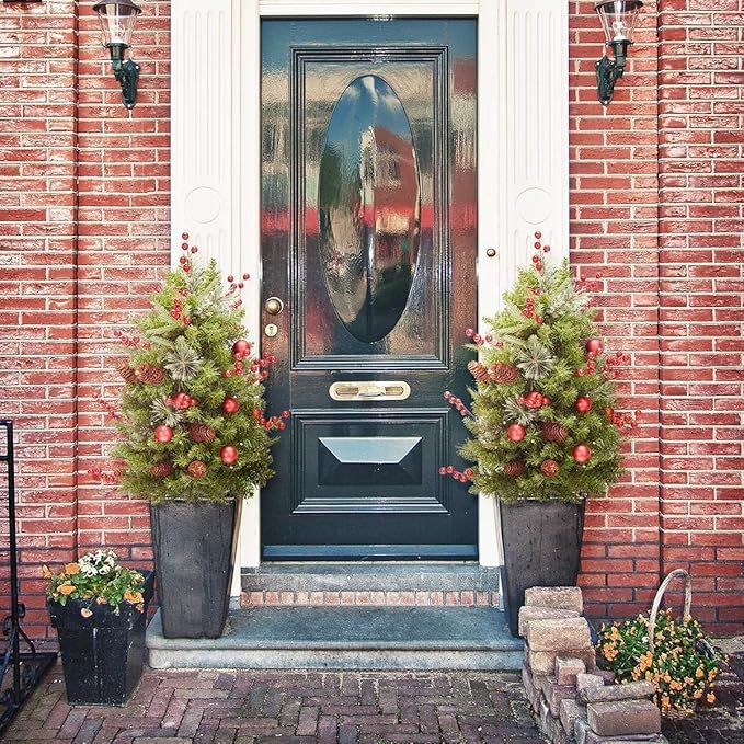 20'' Mini Artificial Christmas Tree with LED Lights Faux Pine Cones and Berrys Pre-lit Christmas Trees Christmas Urn Filler Small Xmas Trees for Outdoor Pathway Porch Yard - Set of 2