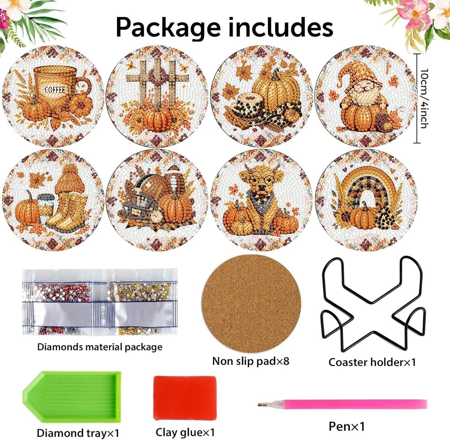Meothan 8 Pcs Diamond Art Coasters Kits for Adults with Holder Cork Pads, Fall Diamond Dots Art Painting Coasters Crafts Kit for Home Office Decor (Autumn Theme)
