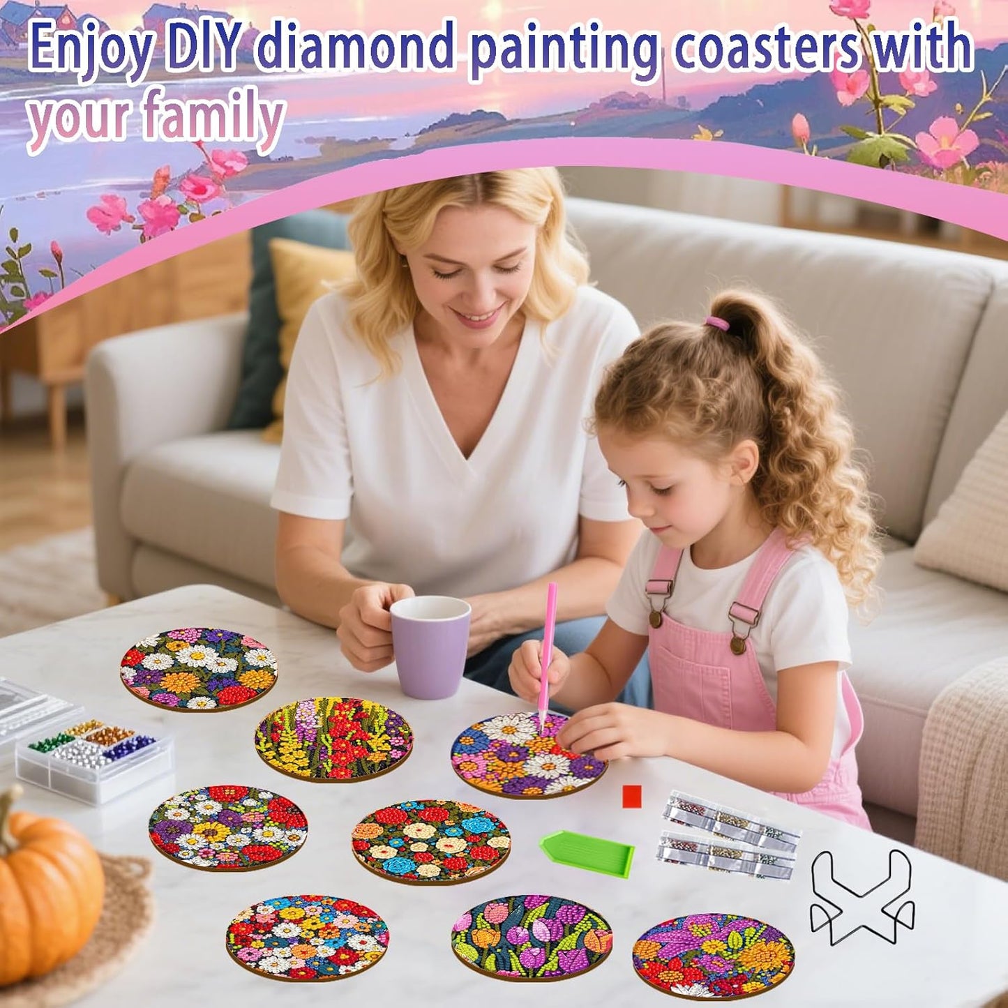 DOZEEZOP 8 PCS Flowers Diamond Art Coasters Kit, 5D Diamond Painting Coasters with Holder, Fall Small Diamond Art Kits for Adults Beginners, Diamond Dots Arts and Crafts Supplies