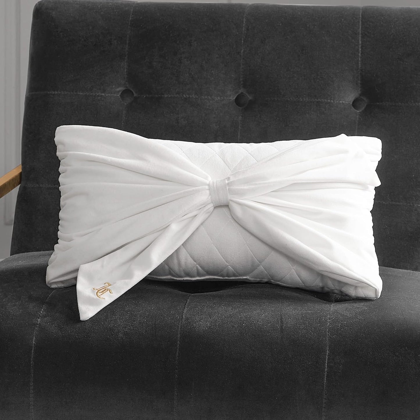 Juicy Couture Velvet Bow Designer Decorative Pillow - 10"x18", White