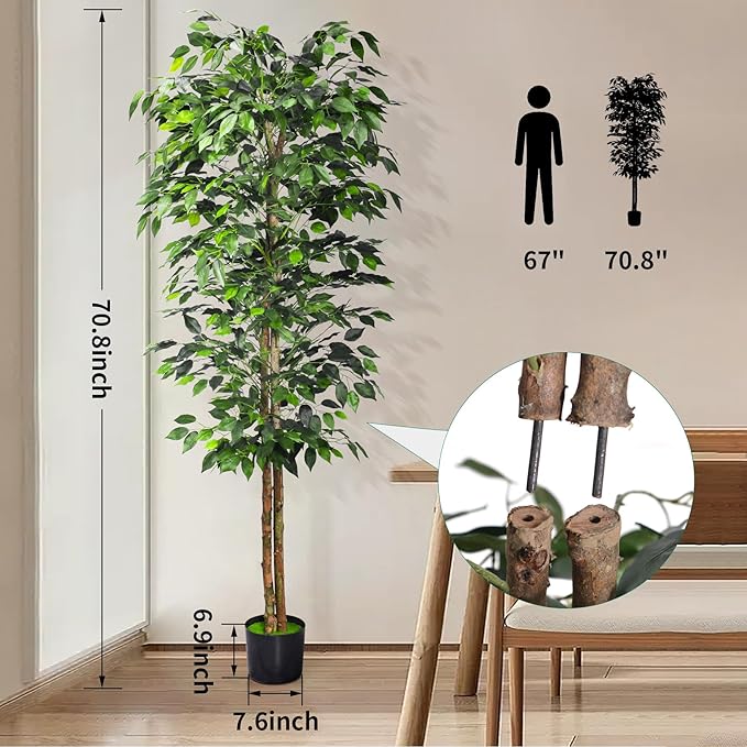1Pack 6FT Artificial Ficus Tree with Realistic Leaves and Natural Trunk, Faux Ficus Tree with Sturdy Plastic Nursery Pot, Fake Ficus Tree for Office Home Farmhouse for Indoor Outdoor Decor