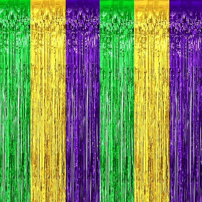 4 Pack Mardi Gras Foil Fringe Curtain Backdrop, 3.28Ft x 9.8Ft Gold Green Purple Metallic Tinsel Foil Fringe Streamers Curtains for Photo Booth, Wedding, Birthday, Carnival Party Decoration