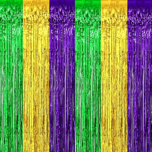 4 Pack Mardi Gras Foil Fringe Curtain Backdrop, 3.28Ft x 9.8Ft Gold Green Purple Metallic Tinsel Foil Fringe Streamers Curtains for Photo Booth, Wedding, Birthday, Carnival Party Decoration