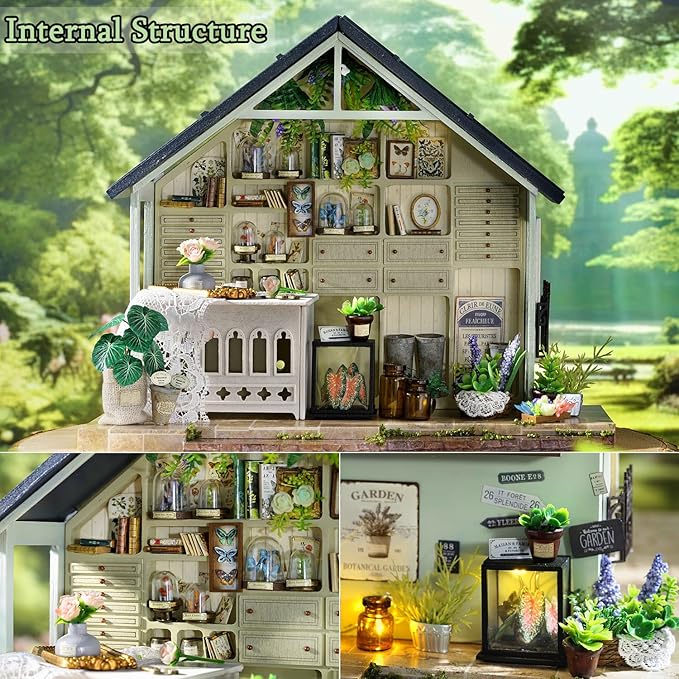 TuKIIE DIY Miniature House Kit with Furniture, 1:24 Scale Creative Room Mini Wooden Dollhouse Book Nook Plus Dust Proof & Music Movement for Kids Teens Adults(Plants Studio)