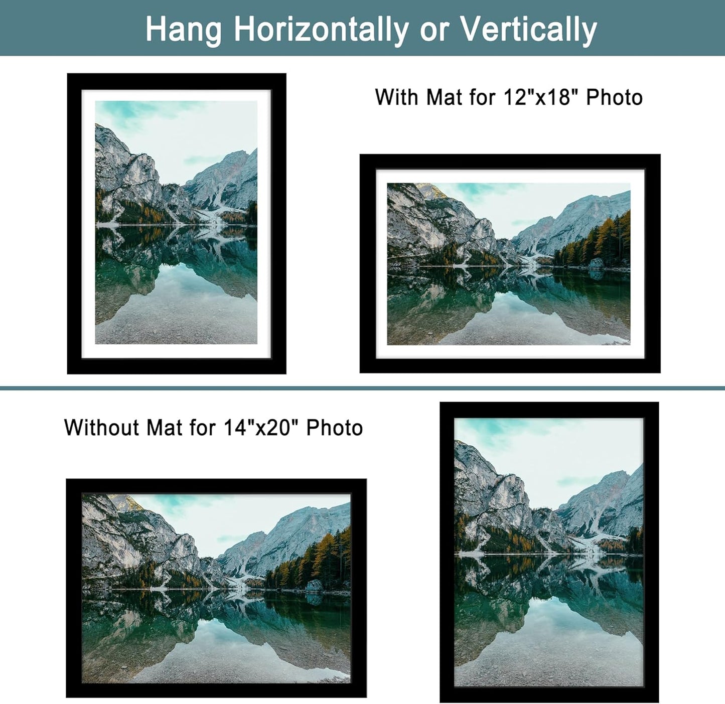 iRahmen 14x20 Picture Frame Set of 2 with Plexiglass, Black Poster Frame Display 12x18 Picture with Mat or 14 x 20 Without Mat, Wood Photo Frame for Horizontal or Vertical Wall Mounting