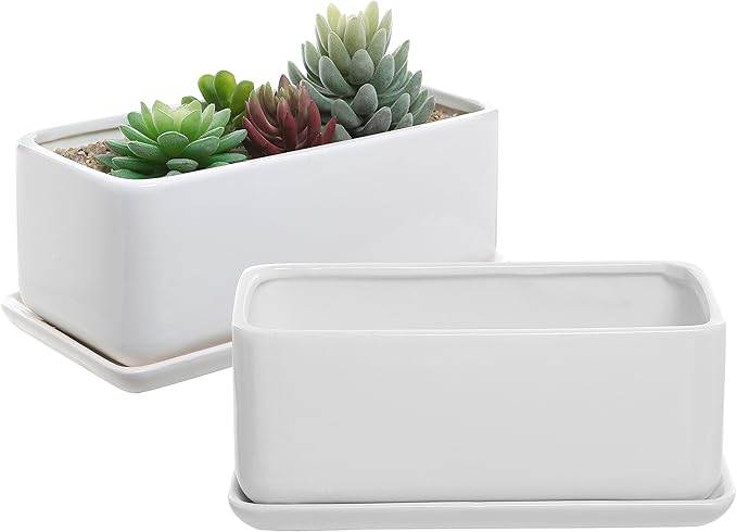 MyGift 10 Inch Modern Unglazed White Ceramic Indoor Plant Pot with Drainage Hole, Rectangular Succulent Planter Window Box with Removable Saucer, 2 Pack