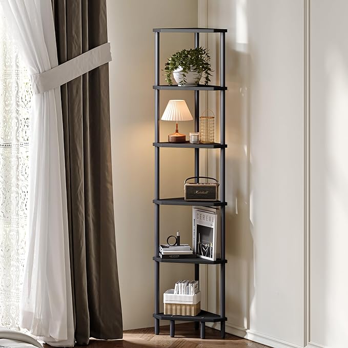 6 Tier Corner Shelf, 66.5'' Tall Standing Shelf, Narrow Display Shelf Stand, Modern Corner Bookshelf, Plant Stand, Corner Bookcase for Living Room, Bedroom, Bathroom, Black LCS502B
