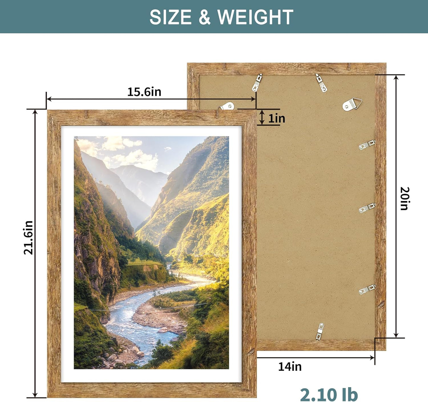 iRahmen 14x20 Picture Frame Set of 2, Brown Rustic Wood Poster Frame with Plexiglass, Display 12x18 Pictures with Mat or 14 x 20 Without Mat for Horizontal or Vertical Wall Mounting