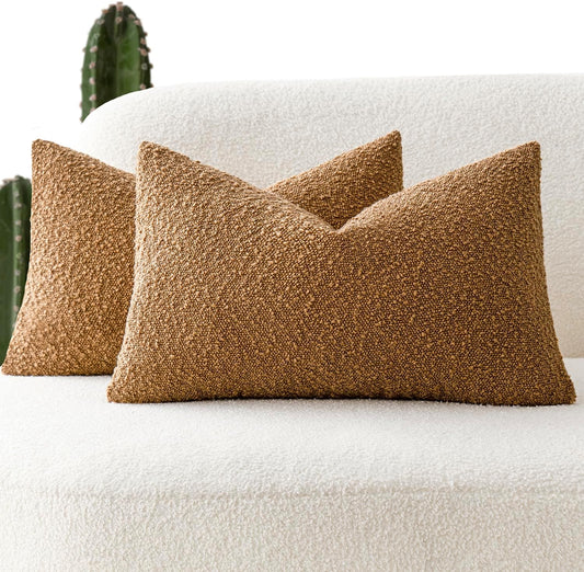 Foindtower Pack of 2 Textured Boucle Throw Pillow Covers Accent Solid Lumbar Pillow Cases Cozy Soft Decorative Couch Cushion Case for Chair Sofa Bedroom Living Room Home Decor, 12 x 20 Inch,Tobacco