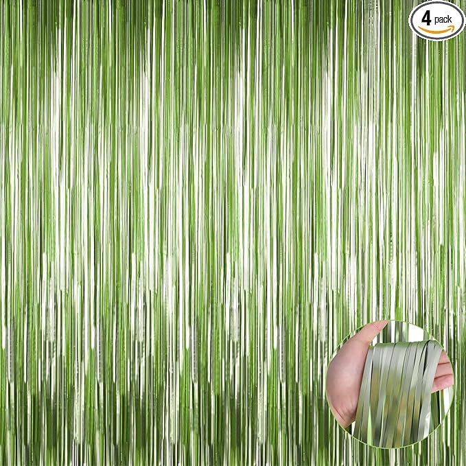4 Pack Light Green Foil Fringe Curtain Backdrop, 3.28Ft x 9.84Ft Metallic Tinsel Streamers Curtains for Party, Photo Booth Props, Birthday, 2022 Graduation Decoration Supplies