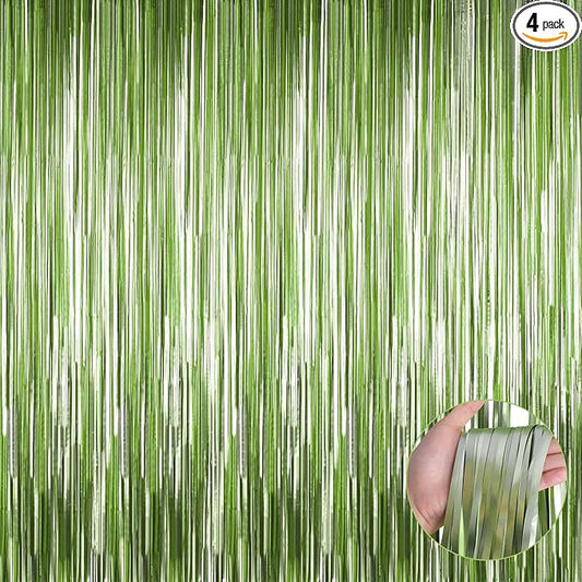 4 Pack Light Green Foil Fringe Curtain Backdrop, 3.28Ft x 9.84Ft Metallic Tinsel Streamers Curtains for Party, Photo Booth Props, Birthday, 2022 Graduation Decoration Supplies