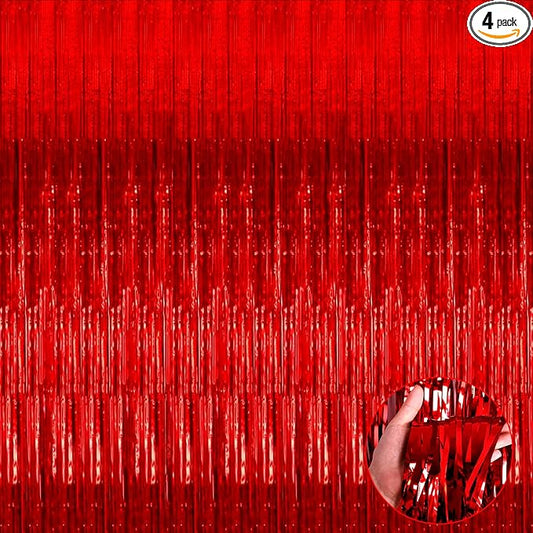 4 Pack Red Foil Fringe Curtain Backdrop, 3.28Ft x 9.84Ft Metallic Tinsel Foil Fringe Streamers Curtains for Party, Photo Booth Props, Birthday, 2022 Graduation Decoration Supplies