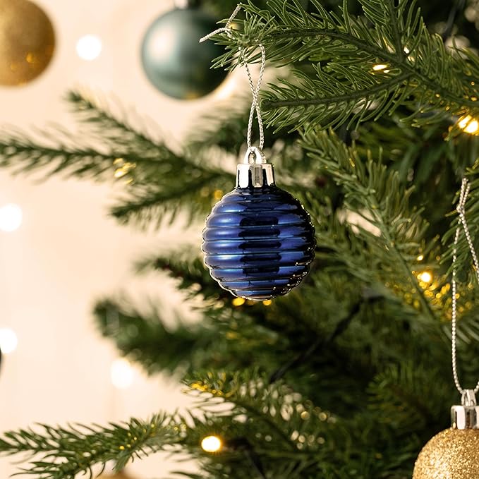 Valery Madelyn 1.57 Inches Small Christmas Tree Decorations Ornament Set for Fall Halloween, 24ct Blue and Gold Shatterproof Hanging Ball Ornaments Holiday Party Decor