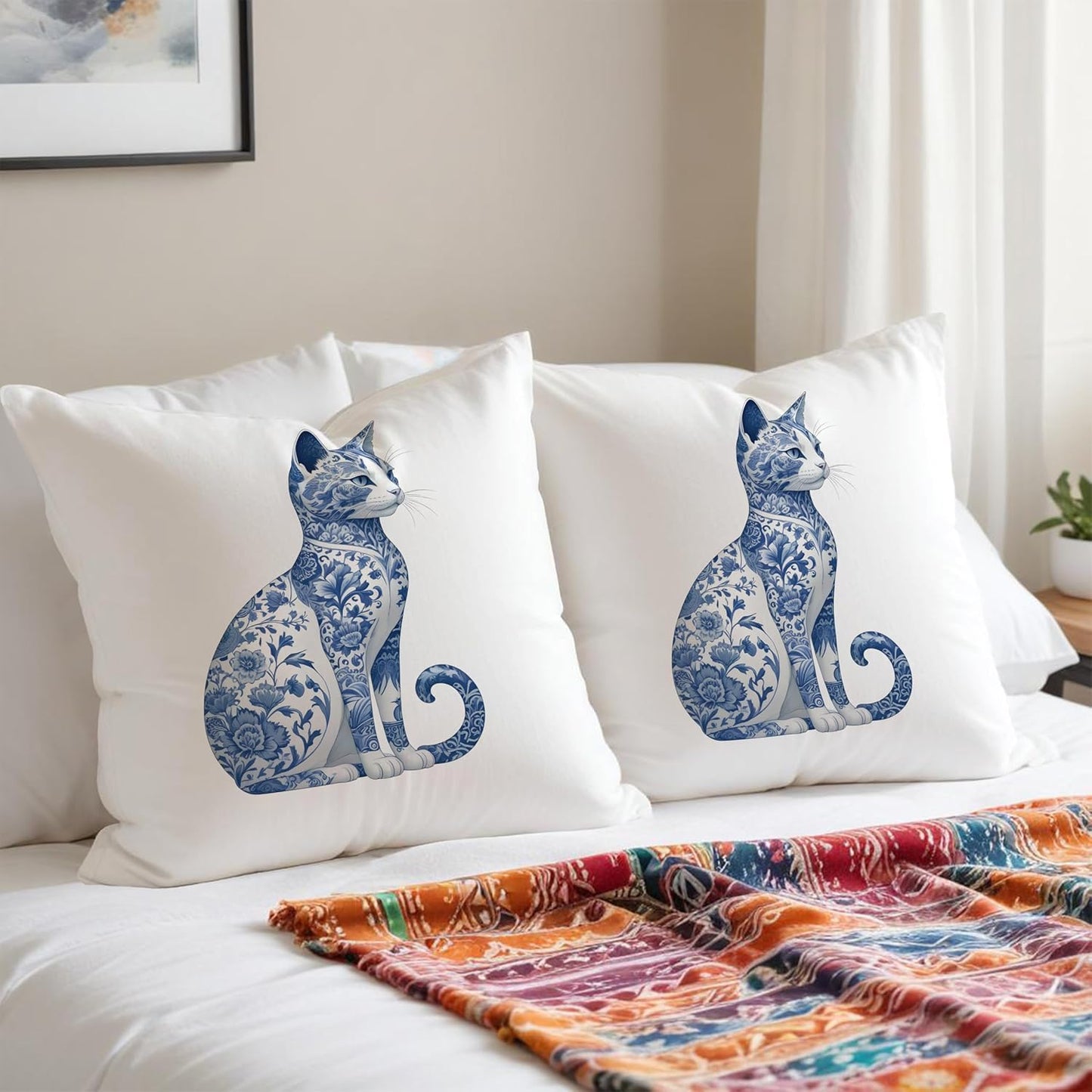 Blue and White Chinoiserie Floral Pillow Covers 18x18, Gifts for Cat Lovers Mom Lady Owners, Elegant Kitten Kitty Decorative Pillow Covers for Home Bedroom Living Room Decor, Pet Lover Gifts