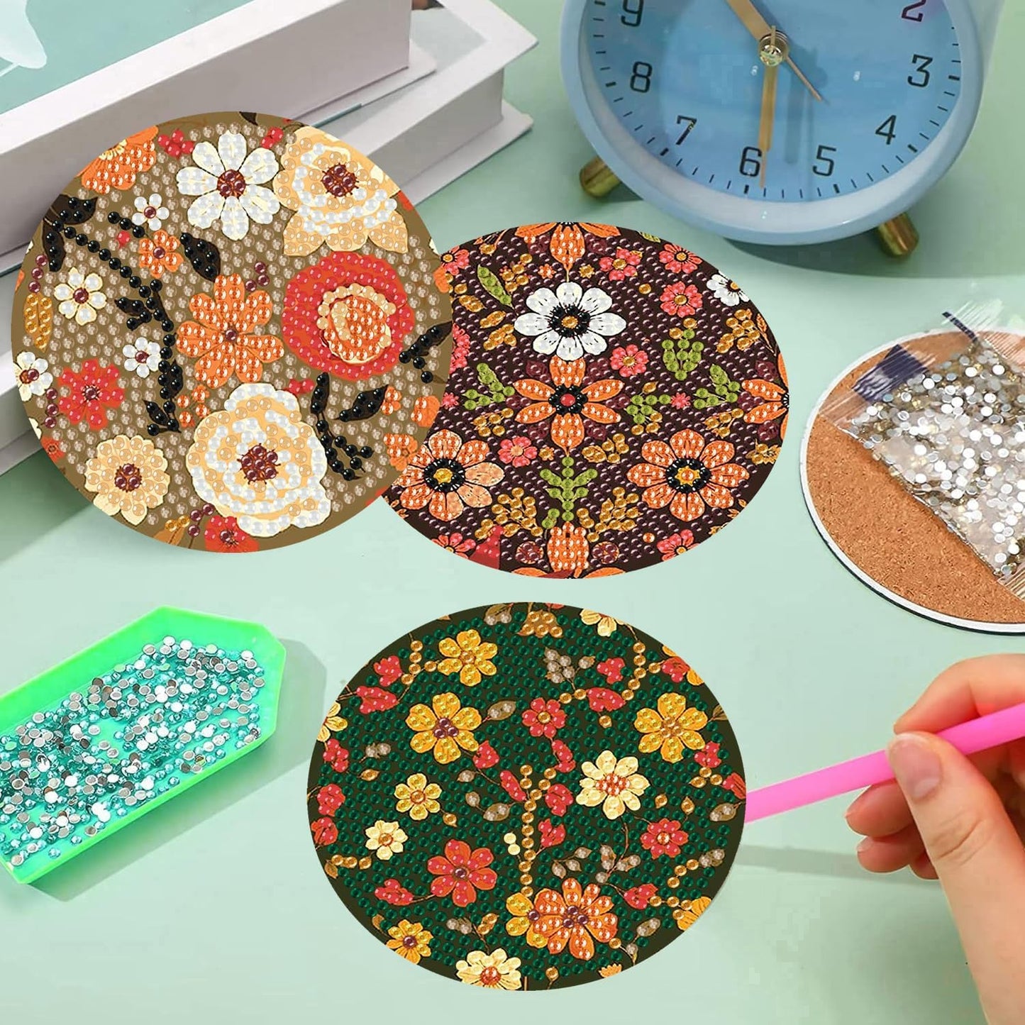 Meothan 8 Pcs Flowers Diamond Art Coasters Kits for Adults with Holder Cork Pads, Floral Diamond Dots Art Painting Coasters Crafts Kit for Home Office Decor (4x4in)