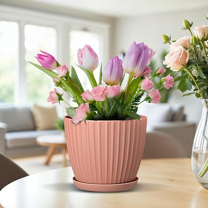 Pink 6-Inch Plant Pots with Drainage & Saucers 18 Pack, Indoor & Outdoor Planters for Houseplants, Herbs, and Flowers, Durable & Weatherproof Material, Stackable, Lightweight, Minimalist Design