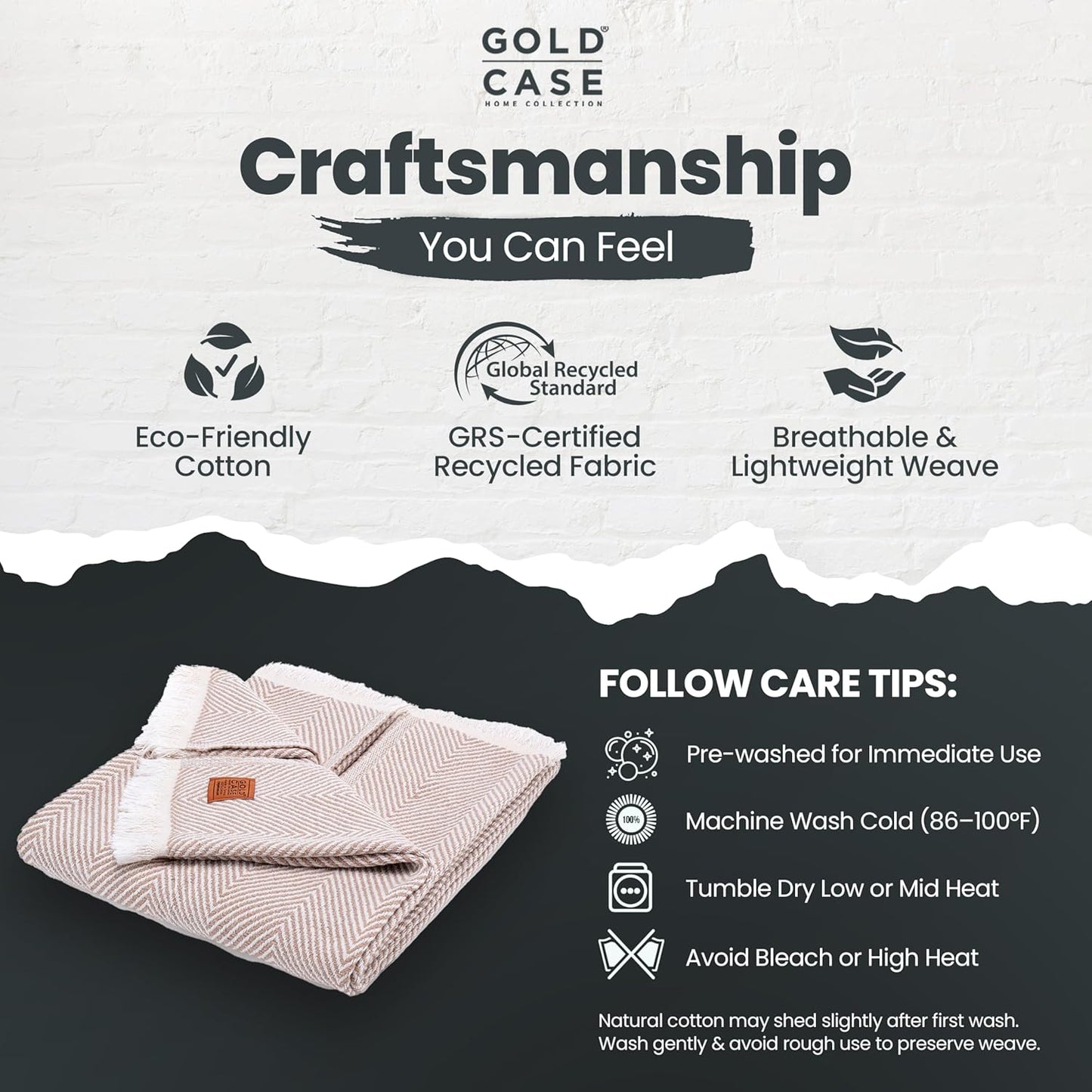 Gold Case Throw Blanket for Couch - 100% Recycled Turkish Cotton Blankets & Throws - Elegant Soft Throw Blankets for Living Room - Boho Decorative Woven Couch Blanket - 60x80 - Beige