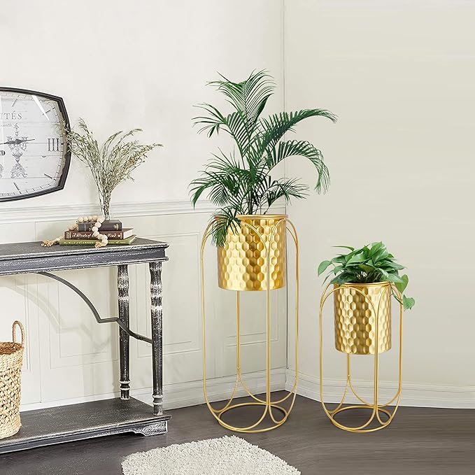 TRIROCKS Set of 2 Planters with Stand Large Gold Planter for Indoor Plants 26 &18" H Morden Plant Pot for Living Room Corner Kitchen Office Garden Balcony Patio Decor(Gold)