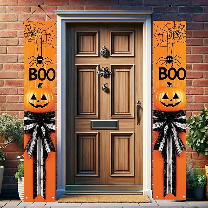 2PCS Halloween Porch Banner Boo Spider Pumpkin Signs 71 x 12 Inch Halloween Front Door Hanging Decor Outdoor Indoor Wall Decorations for Party Entryway Supplies