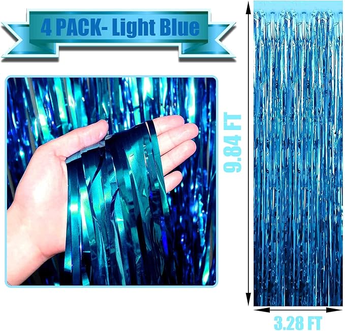 4 Pack Lake Blue Foil Fringe Curtain Backdrop, 3.3Ft x 9.8Ft Metallic Tinsel Foil Fringe Streamers Curtains for Photo Booth, Wedding, Thanksgiving, Birthday, Christmas, Halloween Party Decoration