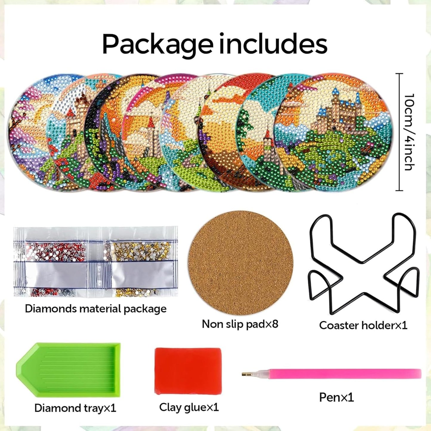 DOTSOPS 8 Pieces Castle Diamond Painting Coasters with Holder - Diamond Art Coasters with Cork Base for Beginners Adults & Craft Supplies Party Item(Castle)