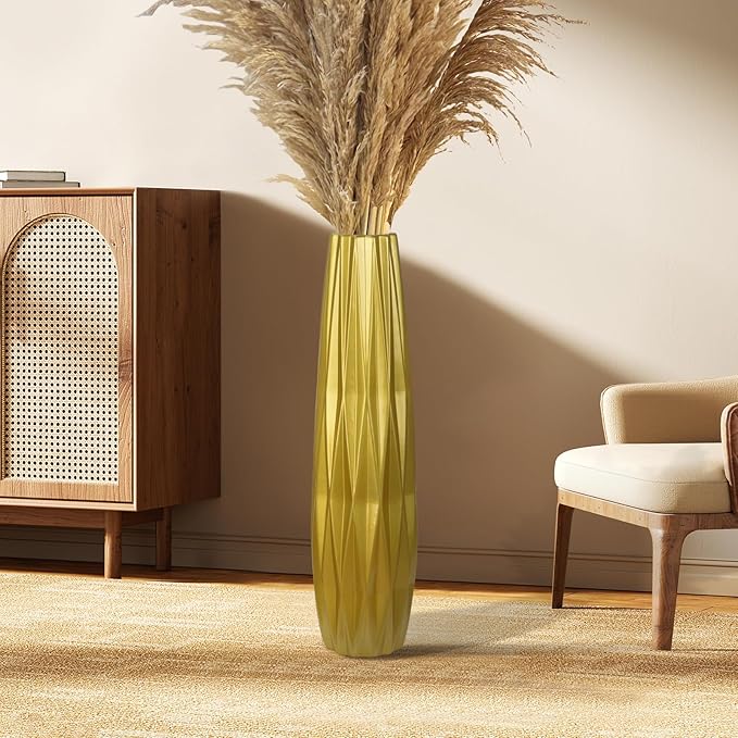 Gold Ceramic Tall Floor Vase,24 Inch Large Modern Flower Vases for Home Décor,Wicker Big Floor Vase Decorations for Farmhouse, Living Room,Bedroom,Standing Plastic Vase Decorative Tall