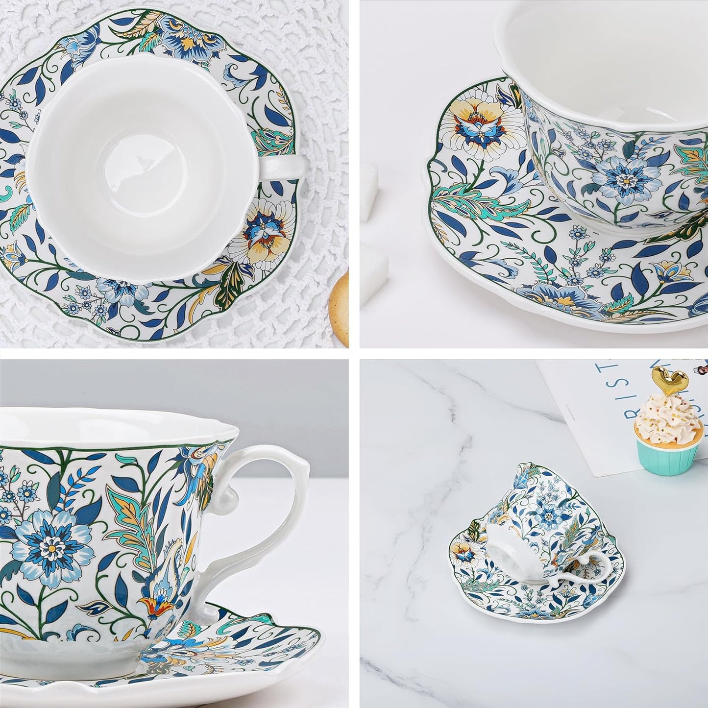 fanquare Vibrant Floral Porcelain Cup and Saucer Set, 8 oz Elegant Vintage Style Coffee Cup for Women and Tea Parties, Dishwasher Safe