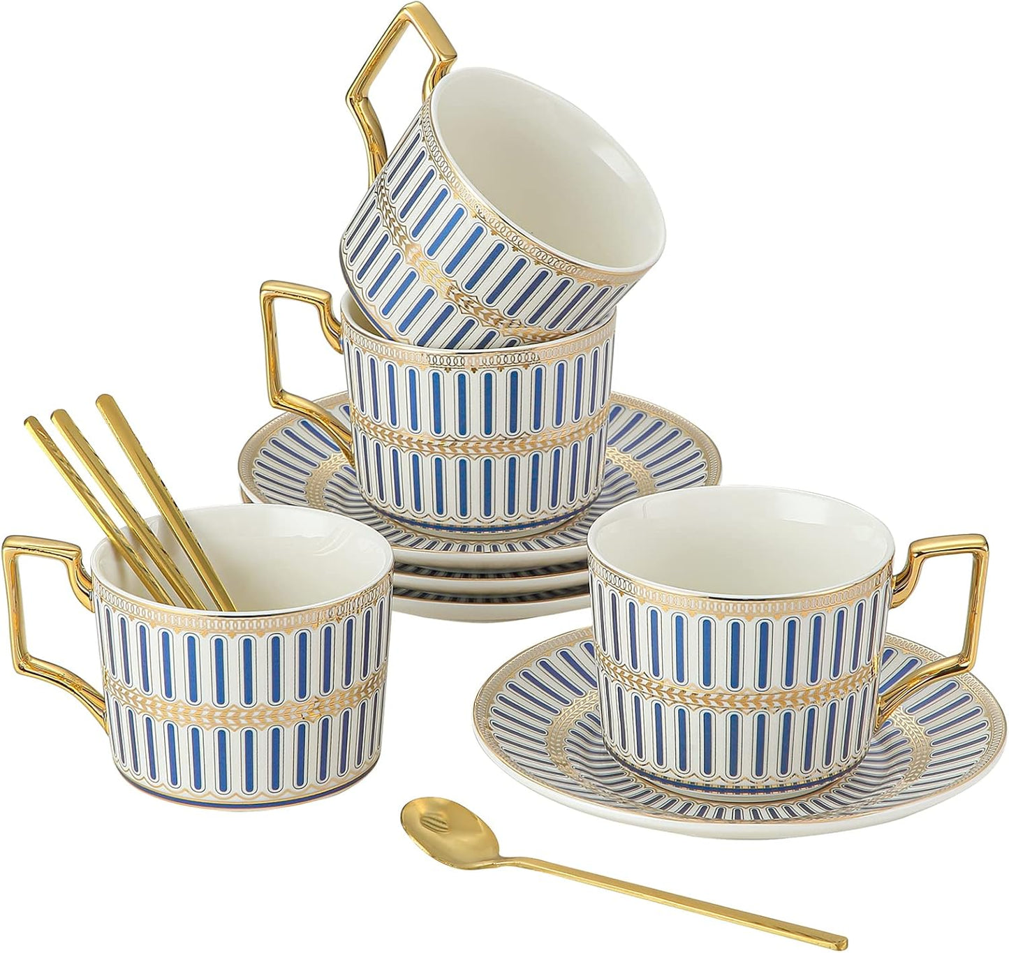 CwlwGO-Ceramic Coffe Cups and Saucer Sets,British Bone China Blue Gold Tea Cup and Saucers Service for 4,Gifts Box, China Tea Set, Tea Sets for Women and Adults.