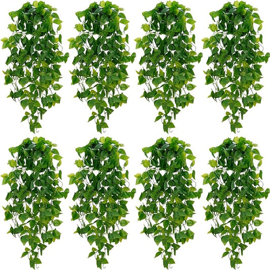 BLEUM CADE Fake Hanging Plants, 8pcs Artificial Hanging Plant, Faux Pothos Vines Hanging Plant Greenery for Wall Home Living Room Indoor Outdoor Decor (No Baskets)