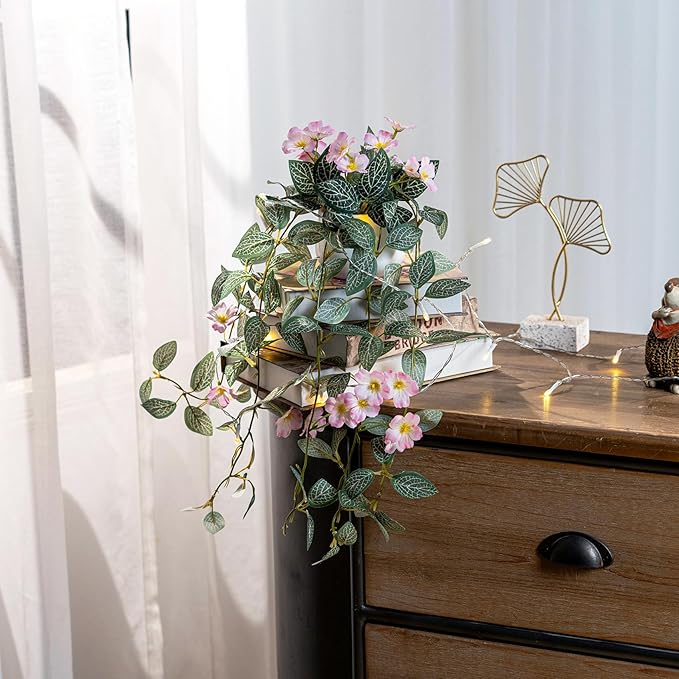 2PCS Artificial Hanging Plant with Pot Faux Hanging Plants Small Hanging Plants Pot with Artificial Vines and Flower Greenery Decoration for Living Room Wall Home Wall Shelf(Pink)