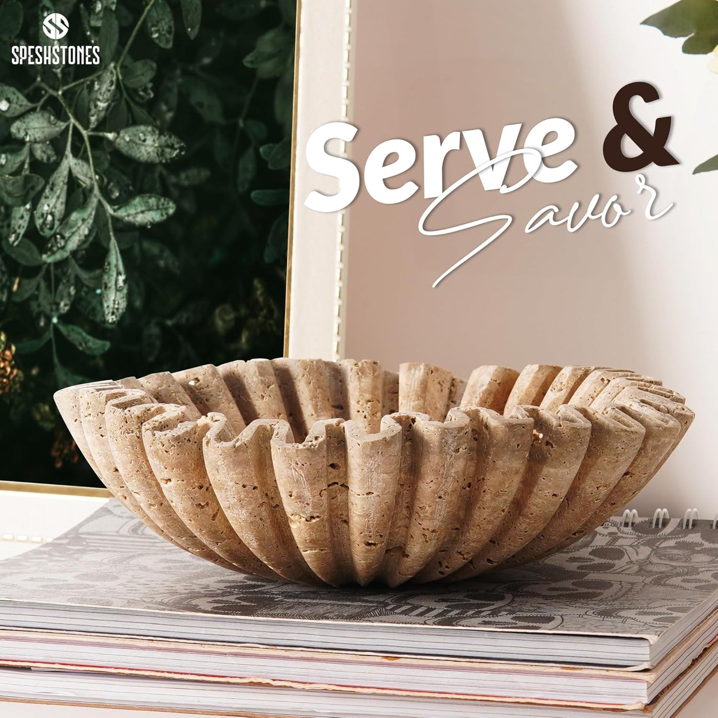 Marble Decorative Bowl 10 Inch Handmade Travertine Fruit Bowl for Kitchen Counter - Large Ruffle & Scalloped Bowls for Dining, Coffee Table Centerpieces & Home Decor