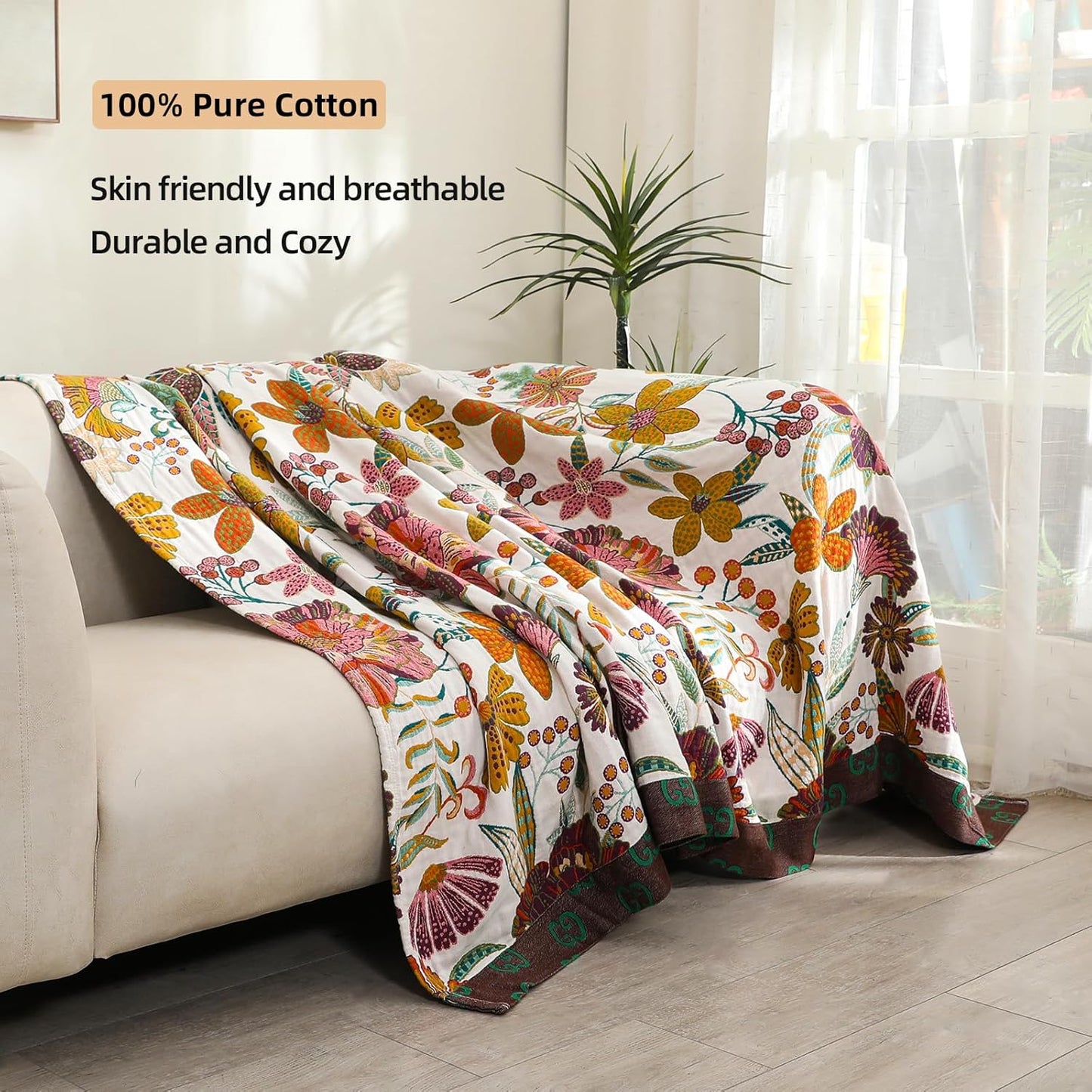King Boho Throw Blanket for Bed, 100% Cotton Muslin Soft Throw-Floral Farmhouse Rustic Decor Blanket for Couch Sofa Quilt and Gift, 91" x 98"-BeigeWhite