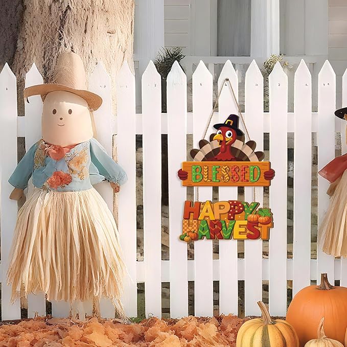 Thanksgiving Turkey Door Hanging,Autumn Turkey Shape Door Decor,Happy Harvest Wooden Sign,Fall Bless Harvest Wall Plaque,Thanksgiving Hanging Sign,Give Thanks Wall Sign for Farmhouse Home Room