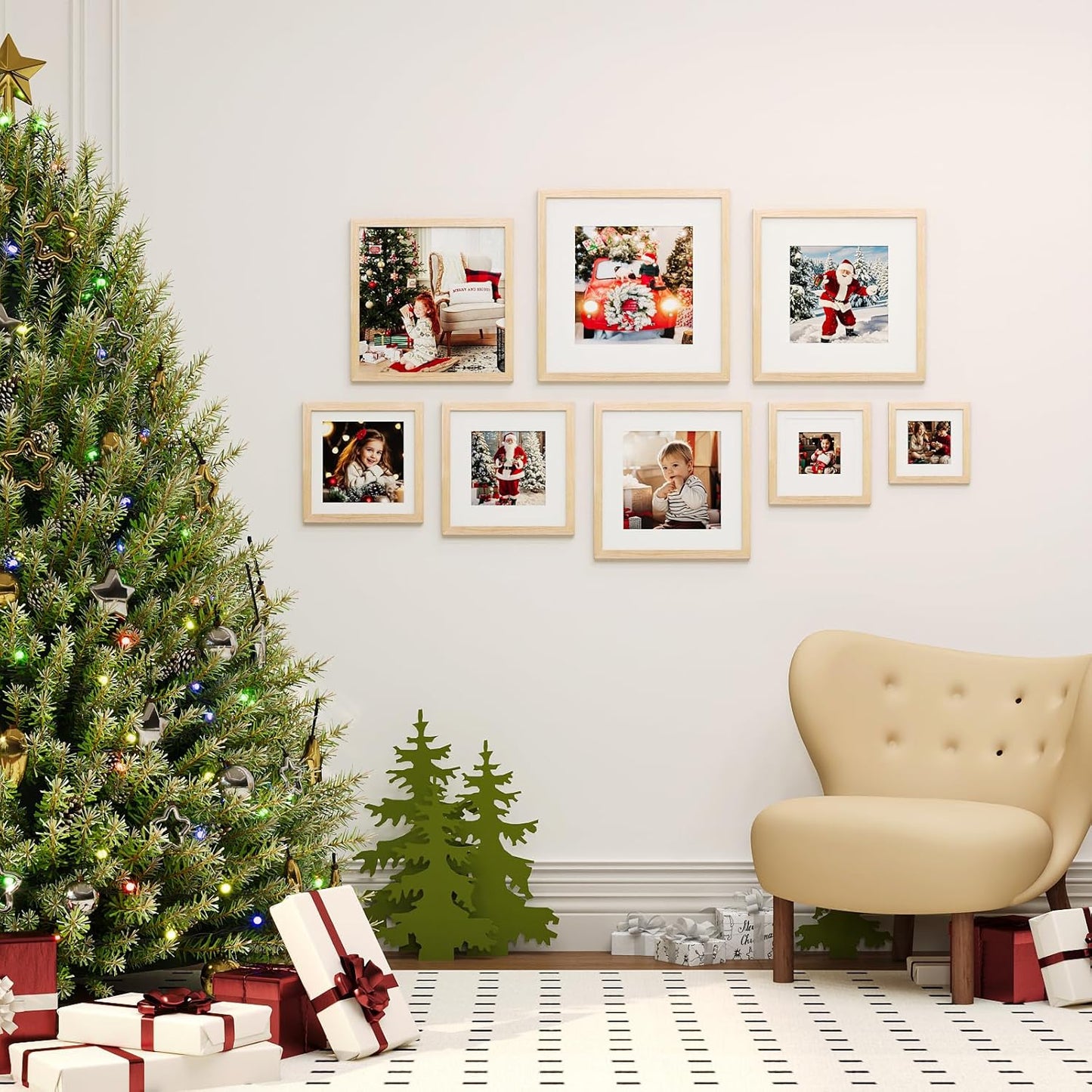 KINLINK 8x8 Picture Frame, Natural Square Solid Wood Frames for Pictures 4x4 and 6x6 with Mat or 8x8 without Mat, Wall and Tabletop Display Photo Frames Natural Wood 4 Pack