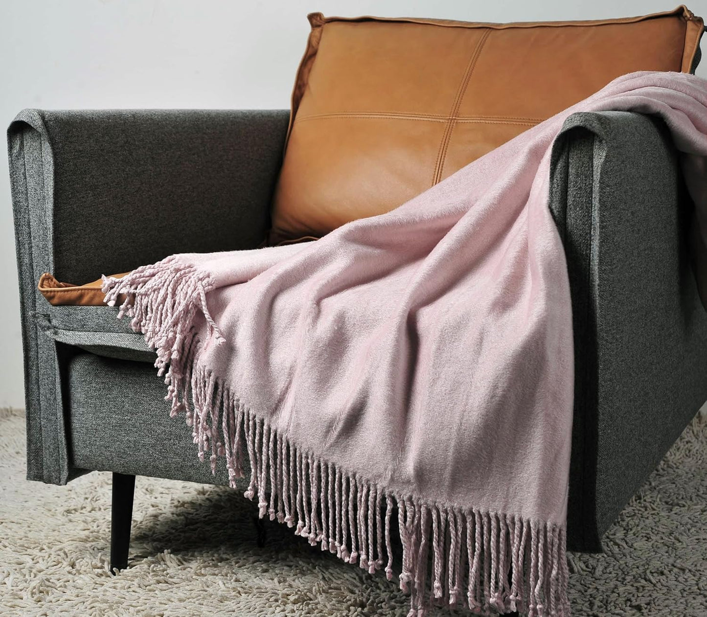 EP Mode Fringed Mulberry Silk Throw Blanket for Sofa (Cameo Pink)