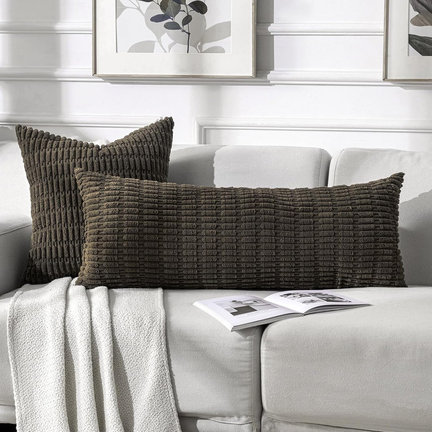 Fancy Homi Dark Brown Long Body Lumbar Decorative Throw Pillow Covers 14x36 Inch for Bed Couch Bedroom Bench, Soft Corduroy Rectangle Solid Pillow Case, Rustic Farmhouse Boho Room Decor