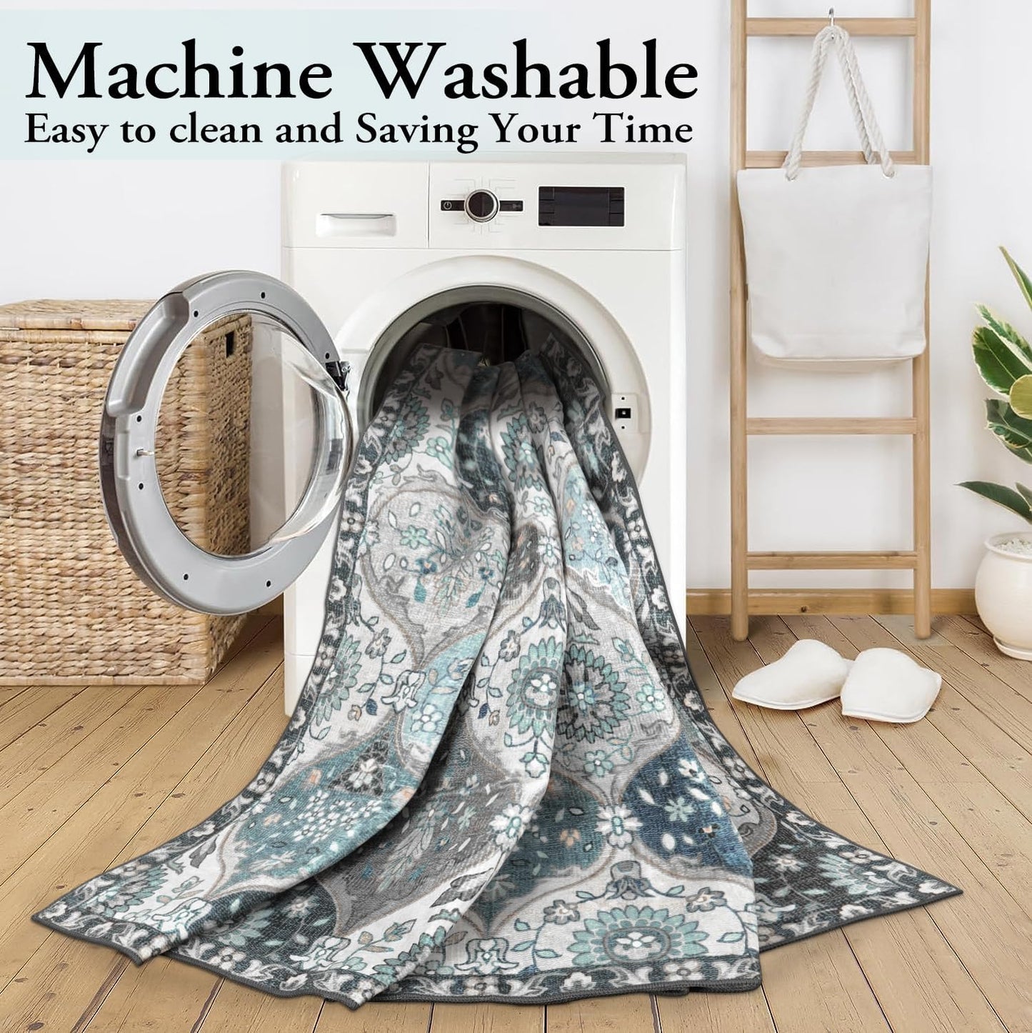 Lahome Moroccan Washable Living Room Rug, 5x8 Rugs for Bedroom Dining Room, Soft Non-Slip Non Shedding Boho Distressed Throw Carpet for Nursery Office, Blue